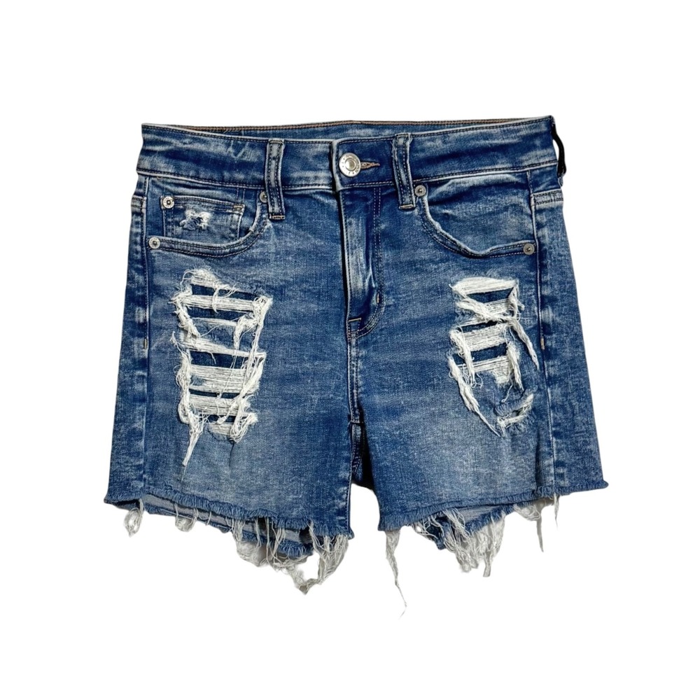 American Eagle Hi‎ Rise Shortie Jean Shorts Size 2 High Rise Distressed Denim